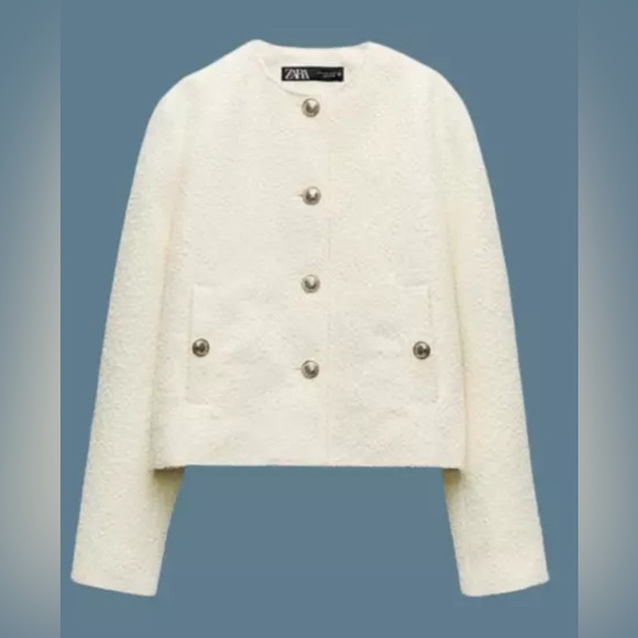 ZARA WOMAN GOLD BUTTON TEXTURED JACKET IVORY sz L - Picture 1 of 6